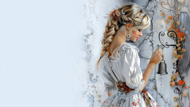 Обои картинки фото рисованное, люди, красивая, девушка, колокольчик