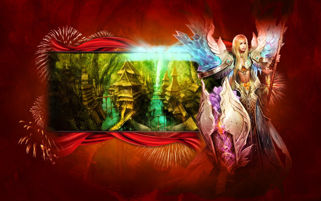 Обои картинки фото видео игры, mummy online, девушка, магия, посох, поселение, дома, озеро