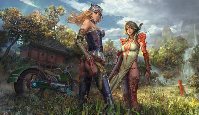 Обои картинки фото фэнтези, девушки, взгляд, интерес, корсет, чулки, стринги, оружие, мотоцикл