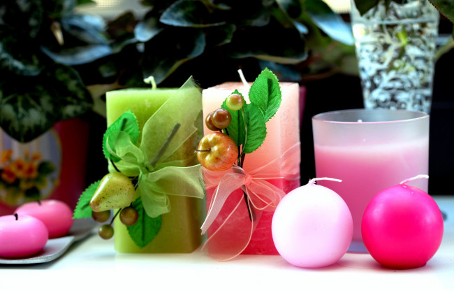 Обои картинки фото разное, свечи, фрукты, прямоугольник, круглый