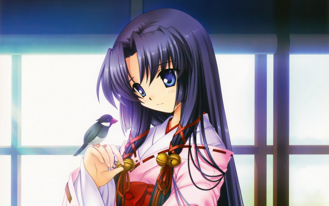 Обои картинки фото аниме, air, птичка, взгляд, девушка