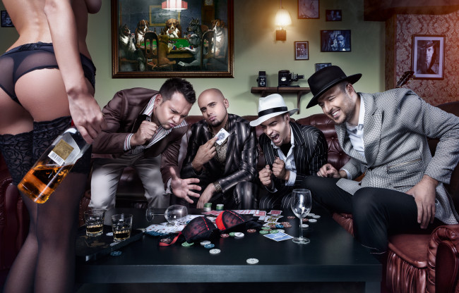Обои картинки фото мужчины, unsort, компания, игра, карты, азарт, девушка, виски