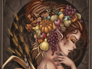 Картинка фэнтези эльфы эльфийка плоды виноград причёска профиль кукуруза тыква орехи плодородие листья колосья