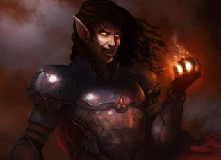 Картинка фэнтези эльфы эльф огонь доспехи улыбка рука светящиеся глаза