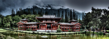 обоя byodo-in buddhist temple,  hawaii, города, - буддийские и другие храмы, горы, лес, дымка, река, храм