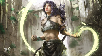 Картинка фэнтези эльфы эльфийка рысь девушка насекомое магия кустики