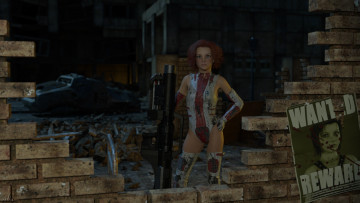 обоя 3д графика, fantasy , фантазия, девушка, стена, руины