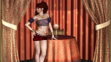 обоя 3д графика, people , люди, девушка, стол, шторы