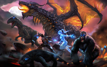 Картинка фэнтези существа дракон динозавр парень девушка ящер дух молнии