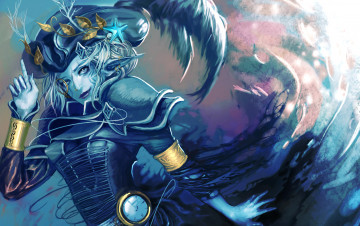 Картинка фэнтези эльфы эльфийка синяя шляпа часы перо украшения