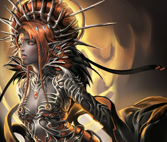 Обои картинки фото фэнтези, эльфы, эльфийка, головной, убор, украшения, девушка, рыжая, косы, причёска, sakimichan