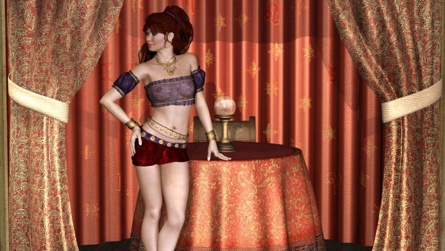 Обои картинки фото 3д графика, people , люди, девушка, стол, шторы