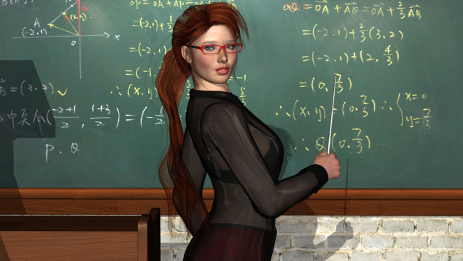 Обои картинки фото 3д графика, people , люди, очки, доска, учительница