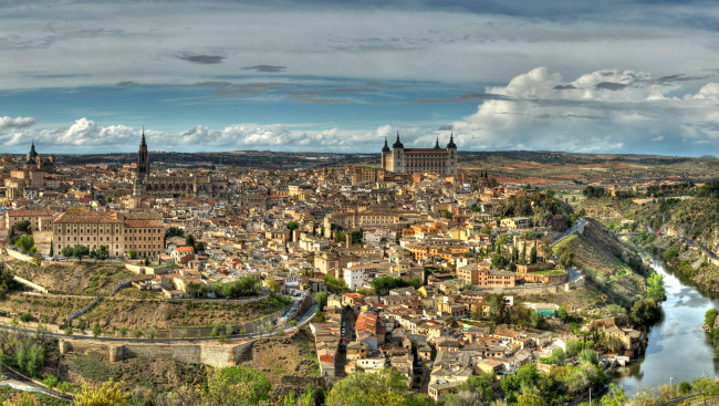 Обои картинки фото испания  toledo, города, - панорамы, испания, панорама, река, toledo, дома