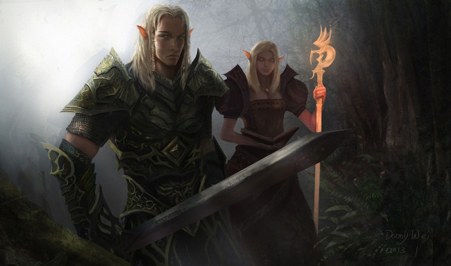 Обои картинки фото фэнтези, эльфы, книга, посох, девушка, эльфийка, эльф, лес, меч