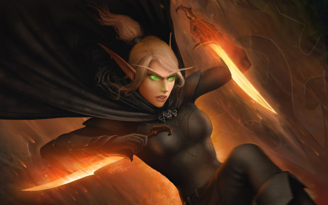 Обои картинки фото фэнтези, эльфы, эльфийка, блондинка, мечи, плащ, воин
