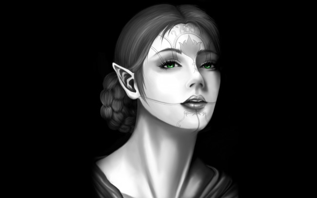 Обои картинки фото фэнтези, эльфы, эльфийка, коса, причёска, тату, лицо, чёрный, фон, зелёные, глаза, взгляд