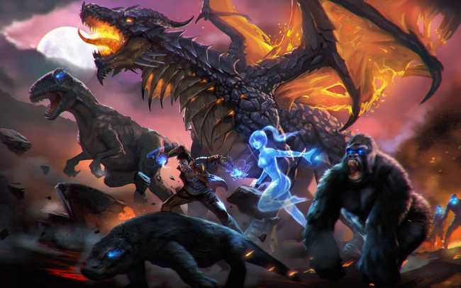 Обои картинки фото фэнтези, существа, дракон, динозавр, парень, девушка, ящер, дух, молнии
