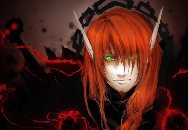 Обои картинки фото фэнтези, эльфы, эльф, парень, лицо, рыжие, волосы, цепь, всполохи, уши, зелёные, глаза, взгляд