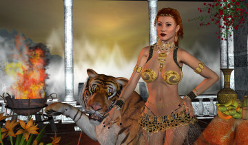 Картинка 3д+графика фантазия+ fantasy фрукты огонь тигр фон взгляд девушка