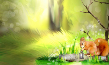 обоя рисованное, животные,  белки, фонарь, трава, белка