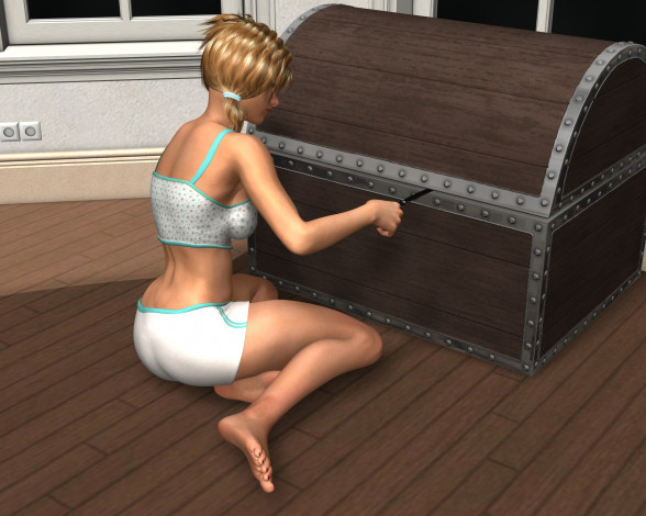 Обои картинки фото 3д графика, фантазия , fantasy, девушка, взгляд, фон, сундук