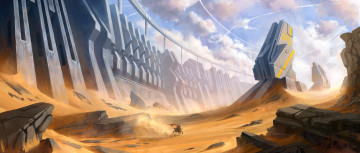 Картинка фэнтези иные+миры +иные+времена bike мотоцикл пустыня скалы камни стена башня фантастика песок