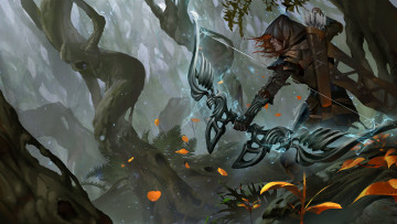 Картинка фэнтези девушки лучник лук стрелы лес девушка лучница капюшон рыжая