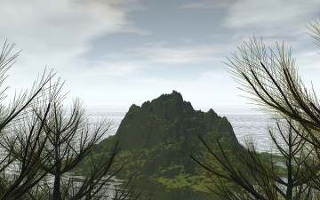 Картинка гора+в+океане 3д+графика природа+ nature океан ветки гора