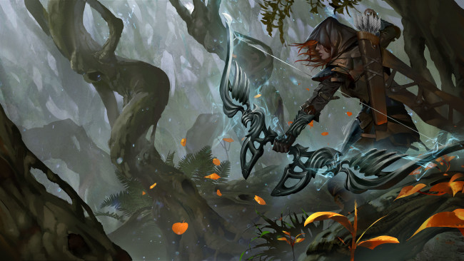 Обои картинки фото фэнтези, девушки, лучник, лук, стрелы, лес, девушка, лучница, капюшон, рыжая