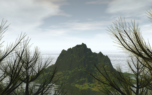 Обои картинки фото гора в океане, 3д графика, природа , nature, океан, ветки, гора