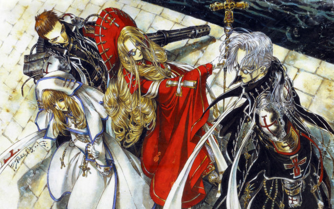 Обои картинки фото аниме, trinity blood, доспехи, кровь, триединства, trinity, blood, fabrica, theologiae, tres, iqus, abel, nightroad, вампиры, esther, blanchett, art, shibamoto, theres, оружие
