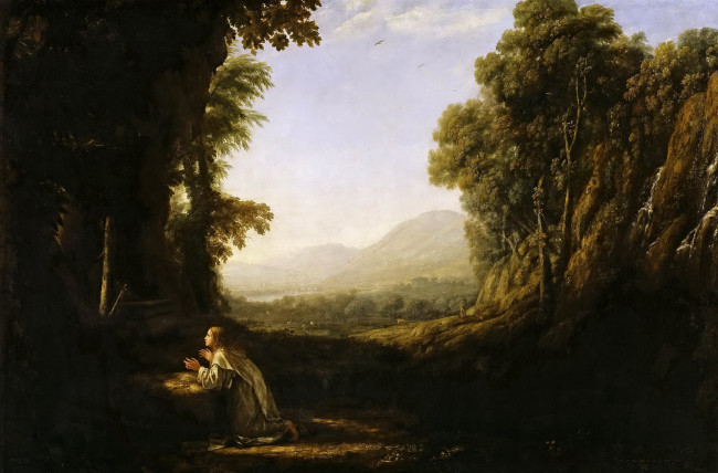 Обои картинки фото рисованное, живопись, клод, лоррен, картина, пейзаж, с, монахом, ордена, мерсидариев