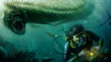 Картинка фэнтези существа мурена фон море дайвер