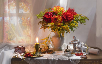 Картинка цветы букеты +композиции свеча перо свиток статуэтка букет георгины