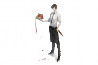 Картинка аниме unknown +другое+ парень фартук поднос букет