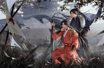 Картинка аниме unknown +другое+ воины меч трава искры город