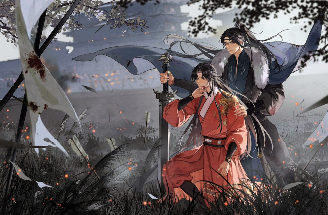 Обои картинки фото аниме, unknown,  другое , воины, меч, трава, искры, город