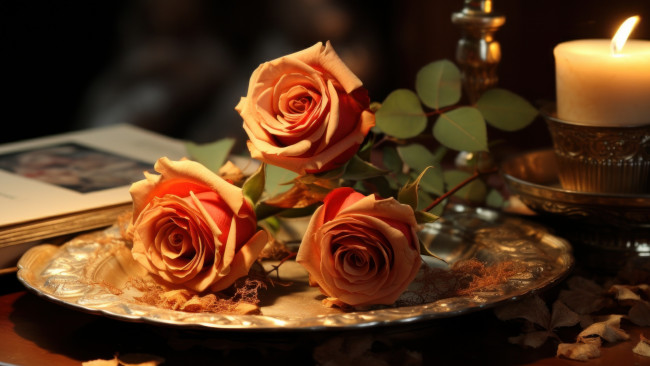 Обои картинки фото разное, компьютерный дизайн, цветы, праздник, подарок, розы, свеча, букет, свечи, бант