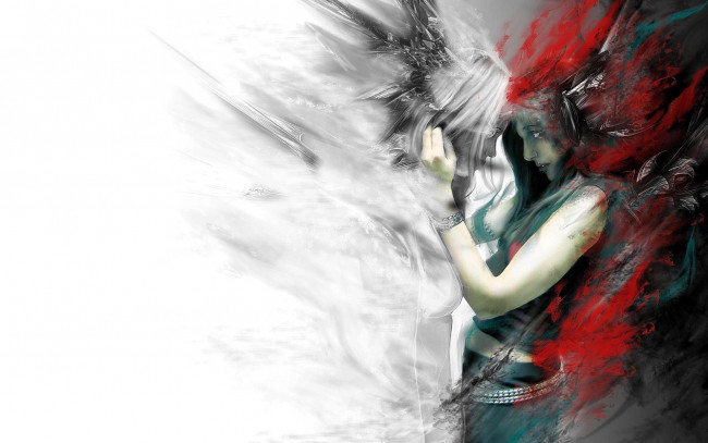 Обои картинки фото рисованное, люди, девушка, дух, встреча