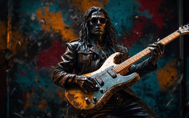 Обои картинки фото 3д графика, люди , people, статуя, рокер, гитарист, гитара, очки, куртка