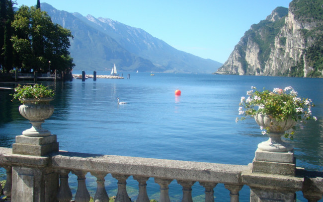 Обои картинки фото озеро, гарда, италия, природа, реки, озера, лебедь, горы