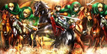 Картинка аниме shingeki+no+kyojin auruo bossard gunter shulz оружие eren jaeger erd gin вторжение гигантов лошади мечи парень девушка rivaille petra ral