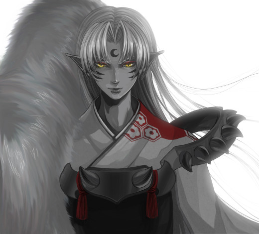 Обои картинки фото аниме, inuyasha, sesshomaru, парень, татуировка, месяц, мех, уши, шипы, рисунок