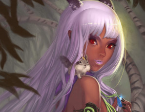 Картинка фэнтези существа арт девушка демоница рожки зверек кулон красные глаза