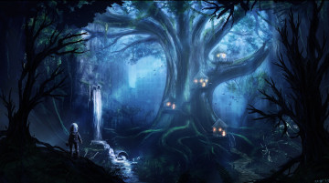 Картинка фэнтези иные+миры +иные+времена арт город здания дерево дома фигура скафандр водопад