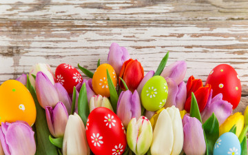 Картинка праздничные пасха easter tulips eggs colorful spring яйца тюльпаны цветы весна