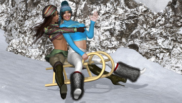 Картинка 3д+графика люди+ people девушки взгляд фон санки снег зима