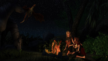 Картинка 3д+графика люди+ people девушки взгляд фон ночь костер лошадь