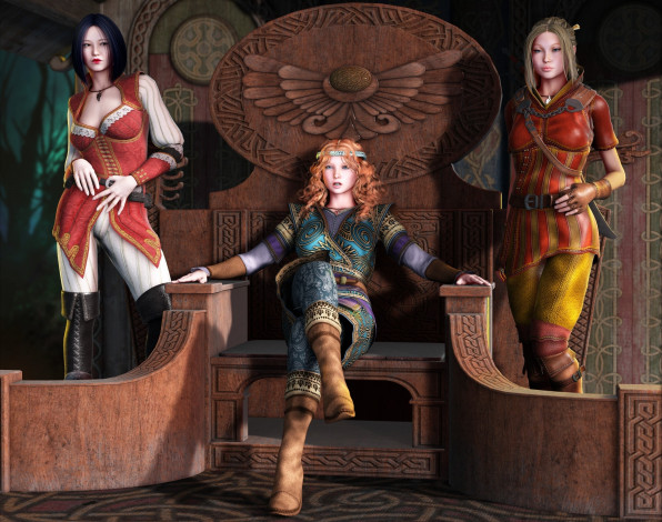 Обои картинки фото 3д графика, амазонки , amazon, интерьер, фон, взгляд, девушки